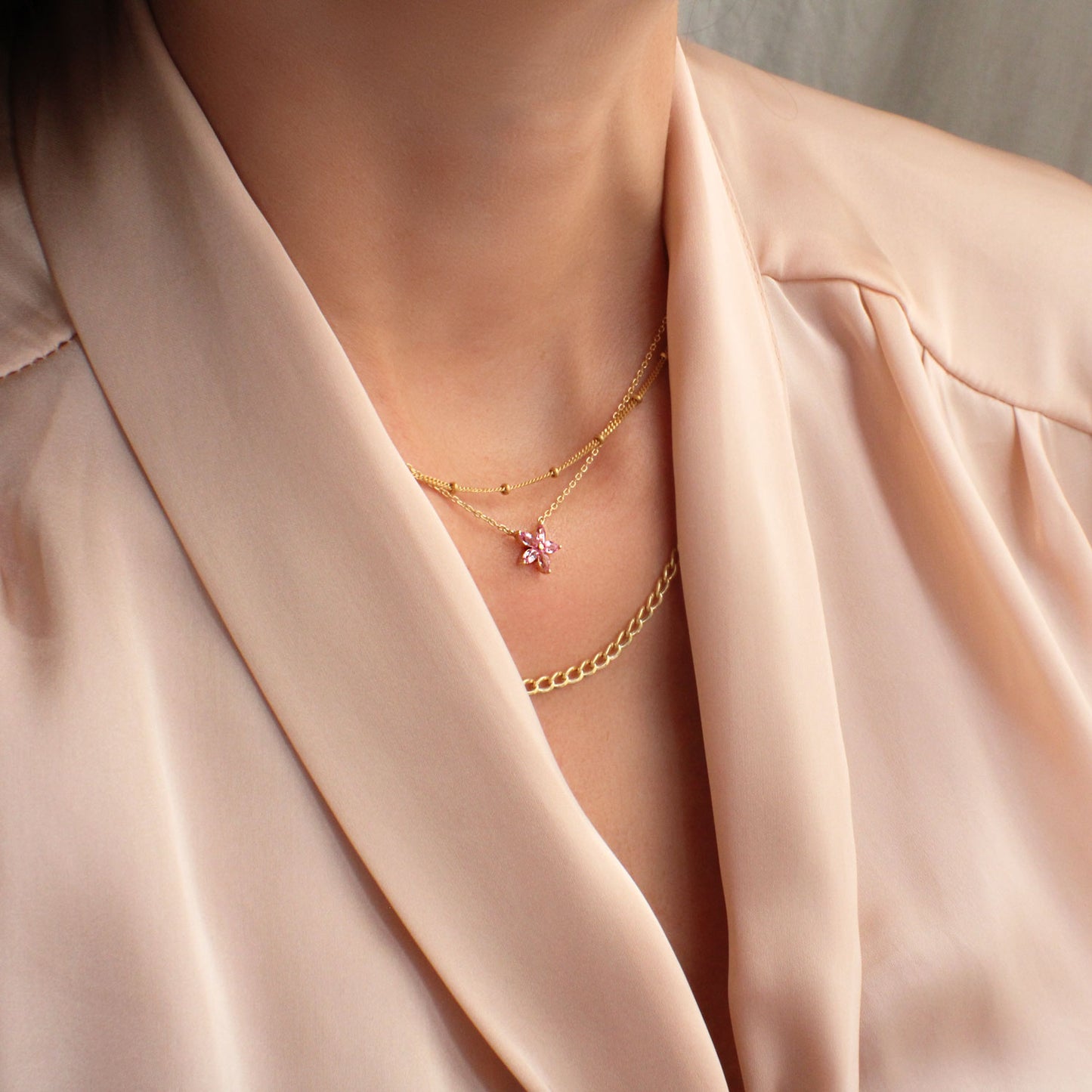 Five Petal Flower Pink Sapphire Necklace