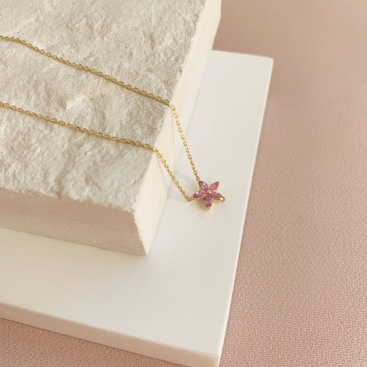 Five Petal Flower Pink Sapphire Necklace