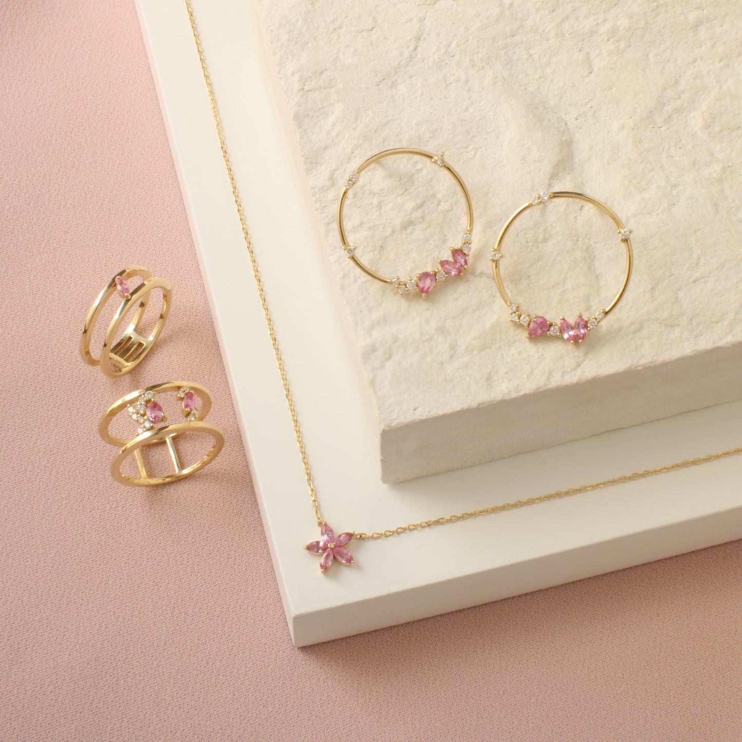 Wide Trail Ring in Diamonds & Pink Sapphires