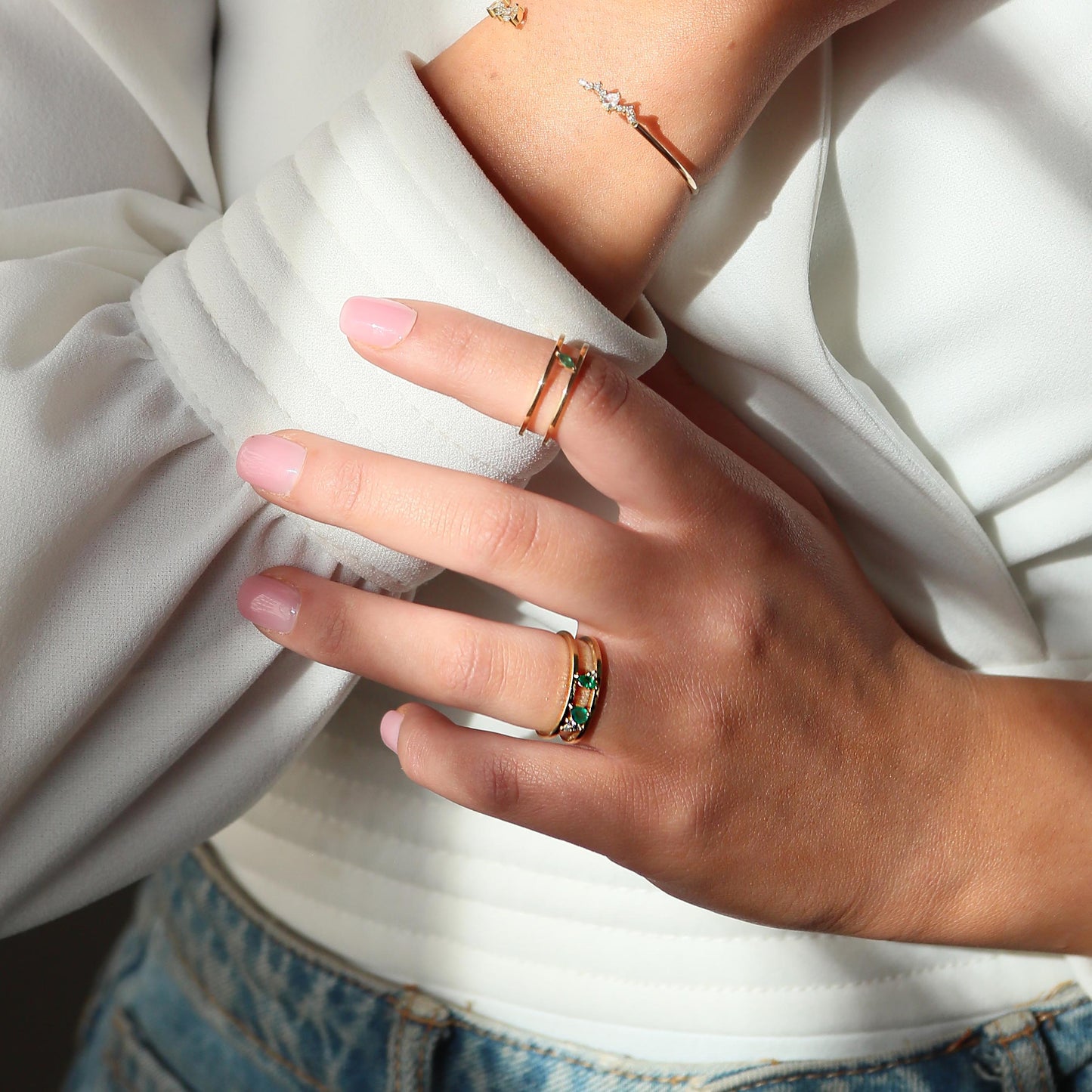 Narrow Trail Ring in Green Emeralds
